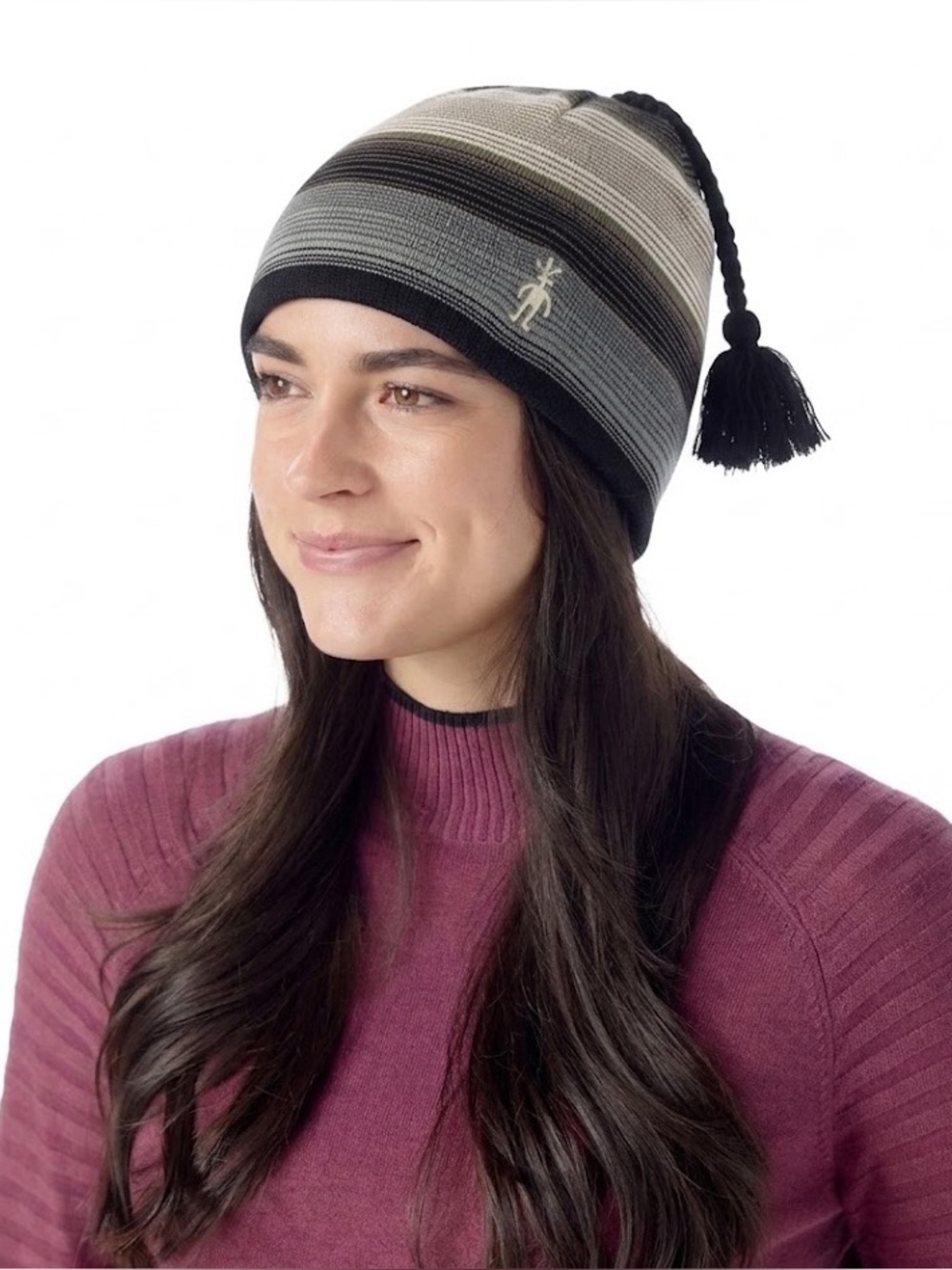 Smartwool Colorblock Beanie with Tassel Merino Wool Black Gray Cream
